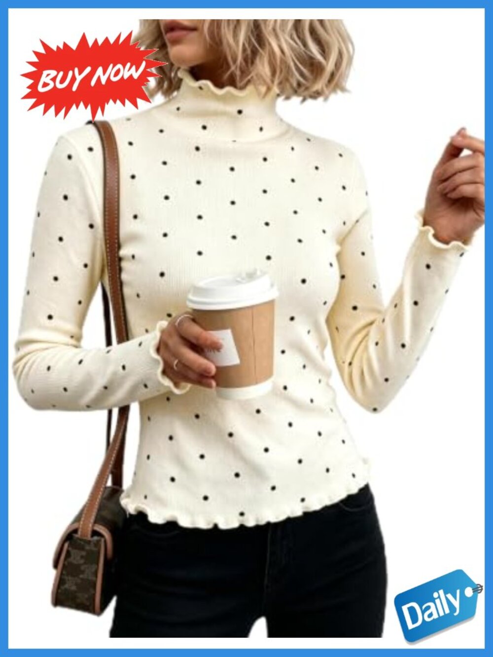 Women's Polka Dot Knit Pullover Sweater Ruffled Hem Long Sleeve